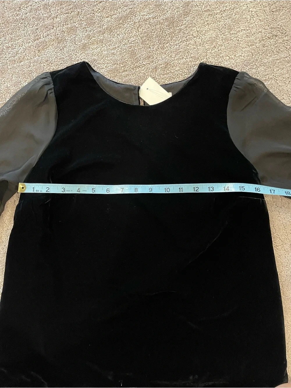 NWT J. Crew Black Velvet Top with Sheer Long Puff Sleeves, Crew Neck, Size XS